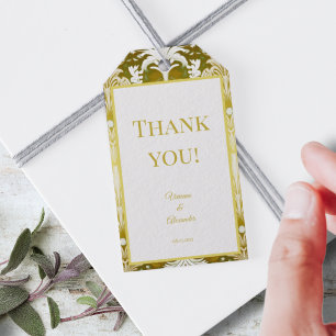 Retro Guld Grönt Damask Wedding Tack Presentetikett