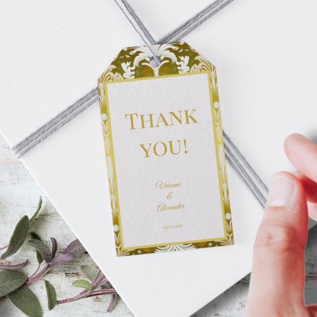 Retro Guld Grönt Damask Wedding Tack Presentetikett (Skapare uppladdad)