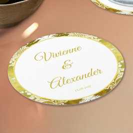 Retro Guld Grönt Damask Wedding Underlägg Papper Rund