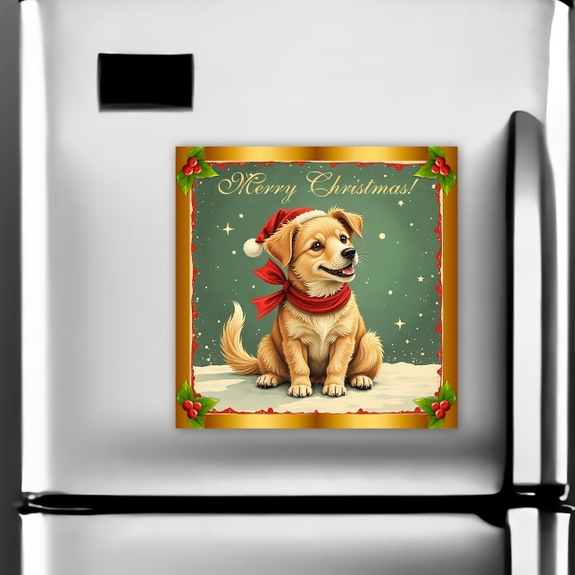 Retro Guld Retriever Valp Julkort Magnet (Retro Golden Retriever Puppy Christmas Card Magnet by the Olde Christmas Shoppe)