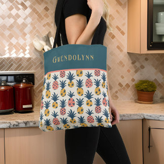 Retro Guld, Rosa och Teal Pineapples Monogram Tygkasse