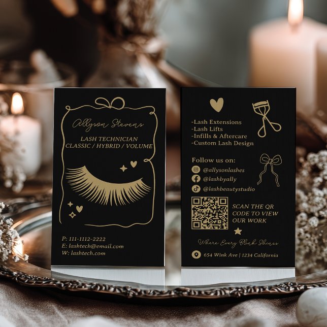 Retro guld svarta klotter Lash Tech QR-kod Visitkort (Retro gold black Doodles Lash Tech QR Code Business Card)