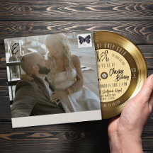 Retro Guld Vinyl Record Photo Wedding bjudande