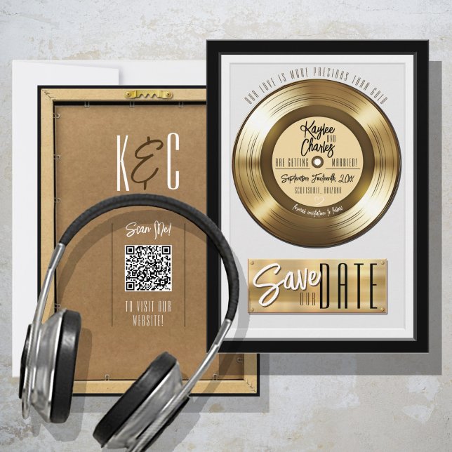 Retro Guld Vinylskiva Väggplansch Unikt Bröllop Spara Datumet (Unique Retro Solid Gold Vinyl Record Wall Plaque Cute music theme monogram wedding save the date QR)