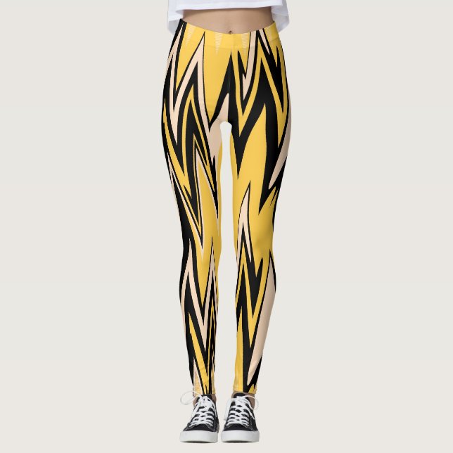 Retro-Gult, Black Zigzap Abstrakt Art Deco Leggings (Framsida)