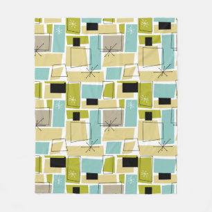 Retro Gult Blue Abstrakt Squares Mid Centres Fleecefilt