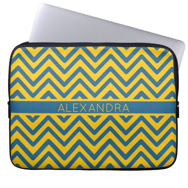 Retro Gult Blue Chevron Preppy Zig Zag Geometric Laptop Fodral (Framsidan)