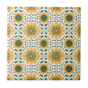Retro Gult Daisy Flower Grönt mönster Kakelplatta