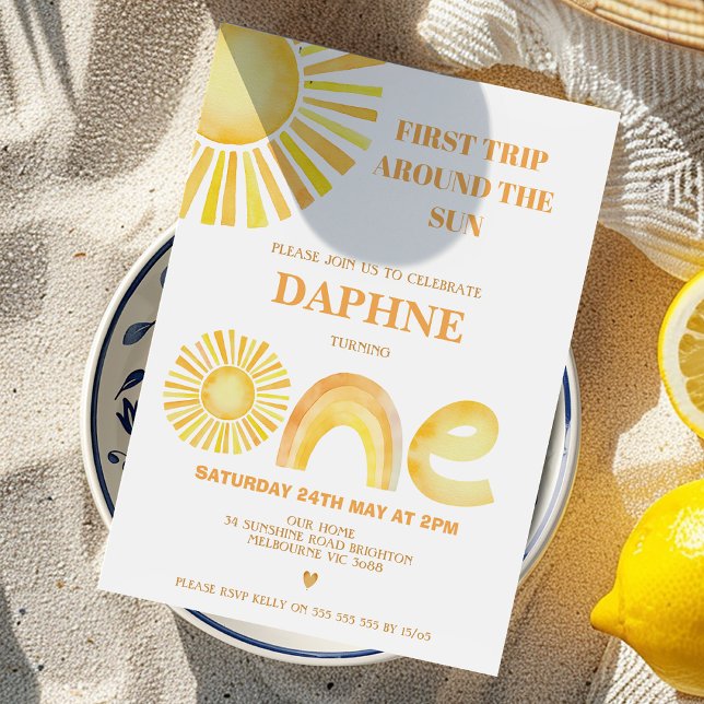 Retro Gult första Resa runt Sol födelsedag Inbjudningar (First Trip Around The Sun 1st Birthday Invitation Template Gender Neutral, Sun First Birthday Invite)