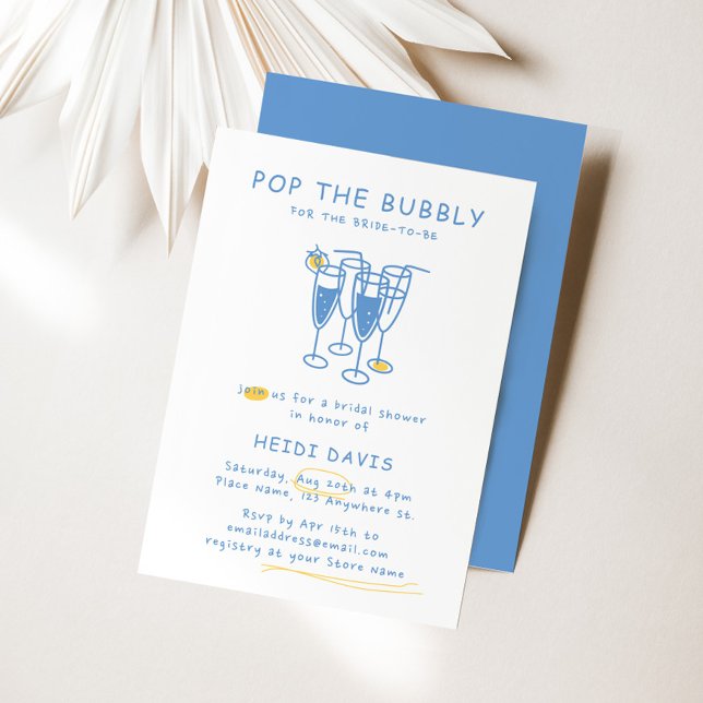 Retro-Gult och blå pupp Möhippan Bubly Inbjudningar (Retro Yellow & Blue Pop The Bubbly Bridal Shower Invitation)