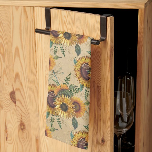 Retro Gult Solblommor Bouquet Dragonflies Kökshandduk (Thirds Fold)