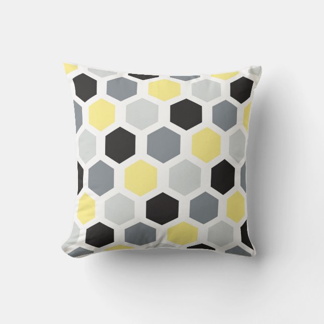 Retro gult, svart och grått hexagonmönster kudde (Framsida)