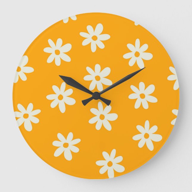 Retro Gult Vit Blommigt Enkel blomma Mönster Stor Klocka (Framsida)