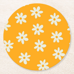 Retro Gult Vit Blommigt Enkel blomma Mönster Underlägg Papper Rund