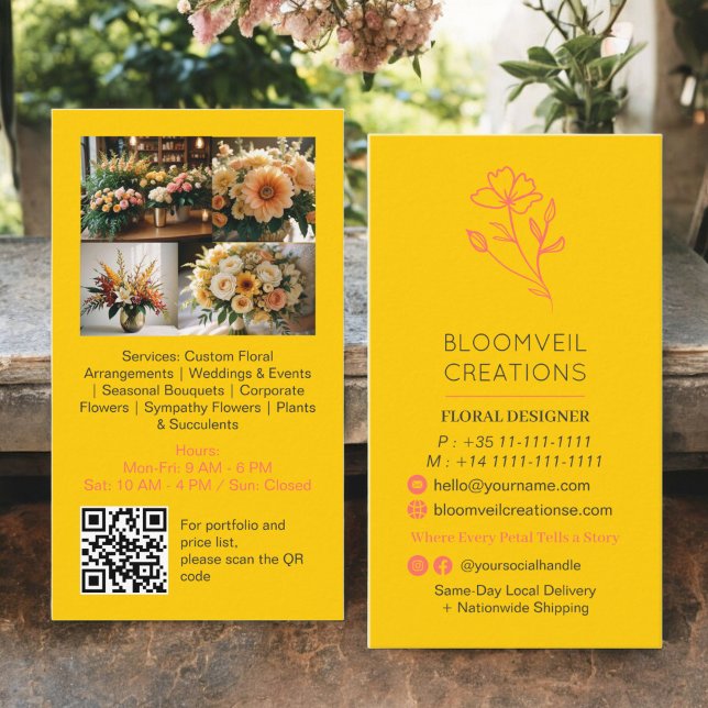 Retro-gultens minimalistiska floriseringsfoton qr- visitkort (Retro yellow minimalist florist photos qr code business card)
