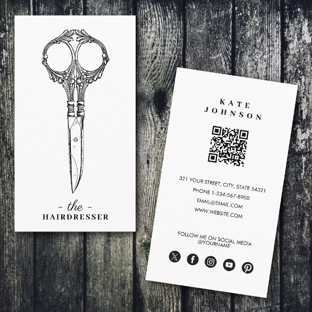 Retro Hairdresser Barber Beauty Salon QR-kod Visitkort (Retro Hairdresser Barber Beauty Salon QR Code Business Card)
