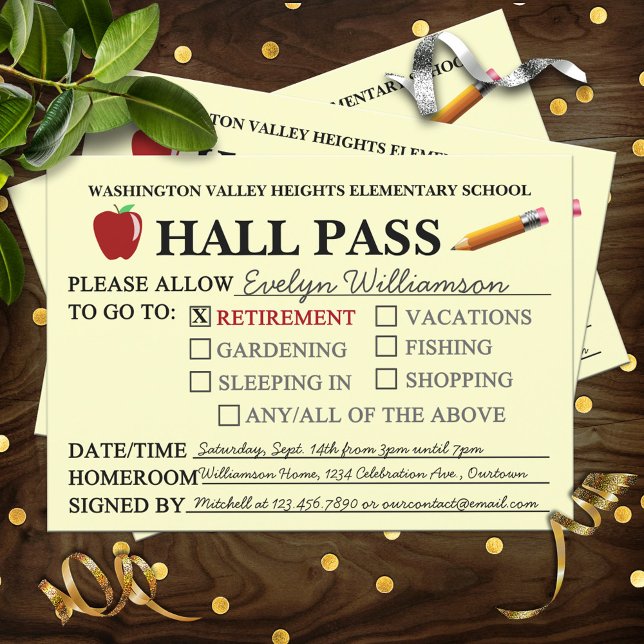 Retro Hall Pass Lärare Pensionärsfest Inbjudan (Skapare uppladdad)