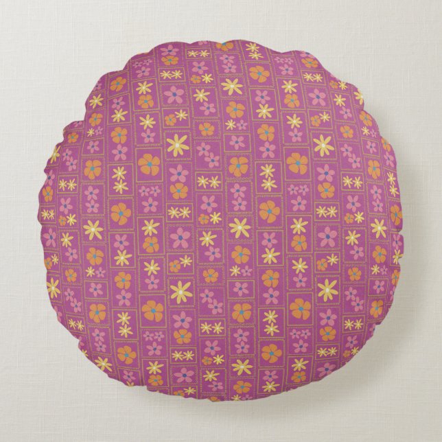 Retro hallonfärgad patchwork blommig 40,6 cm rund kudde (Framsidan)