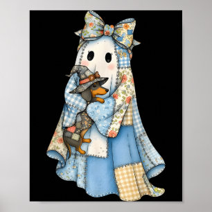 Retro Halloween Blå Denim Spöke Dachshund Rolig Poster