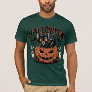 Retro Halloween Black Cat med Pumpkin T Shirt