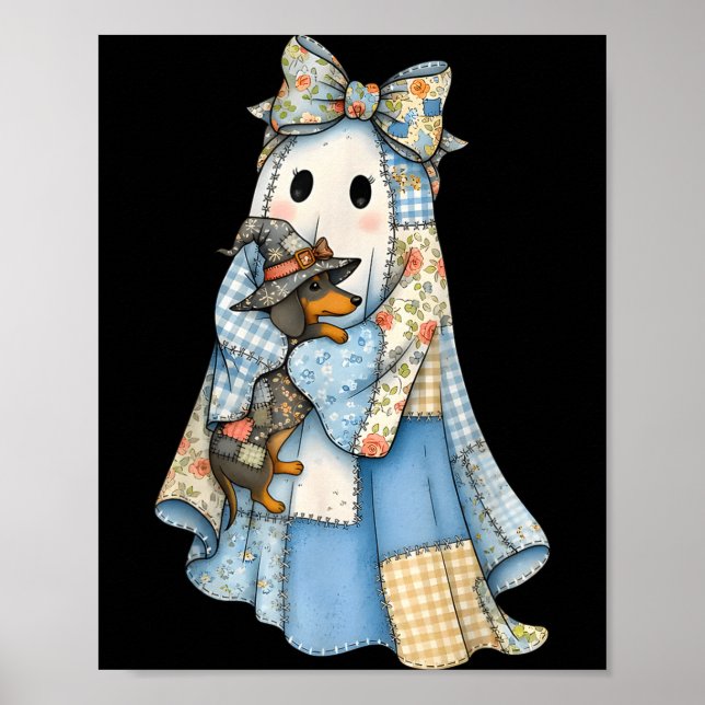 Retro Halloween Blue Denim Ghost Dachshund Funny  Poster (Framsidan)