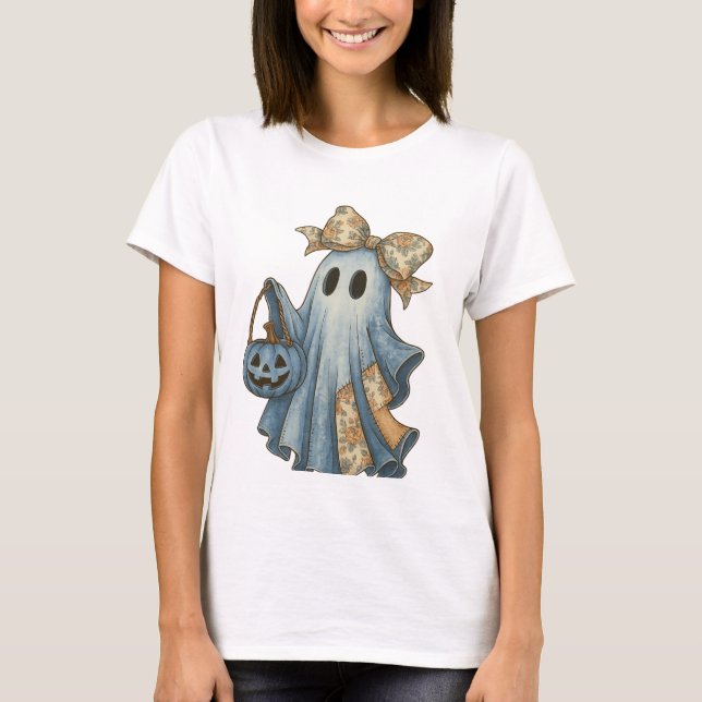 Retro Halloween Blue Denim Ghost-skjorta T Shirt (Framsida)