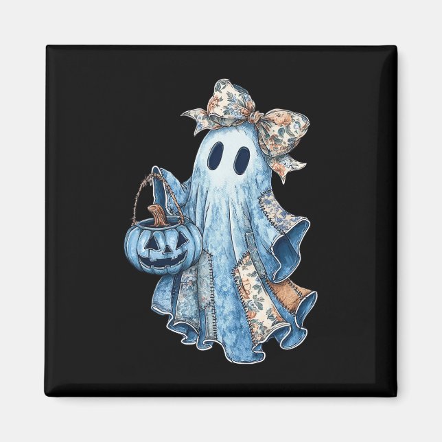 Retro Halloween Blue Denim Ghost Spooky Ghost Ghos Magnet (Framsidan)