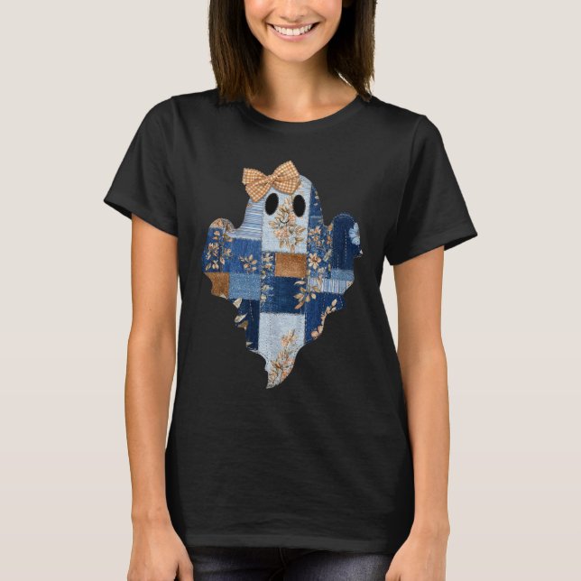 Retro Halloween Blue Denim Patchwork Ghost Boo Coq T Shirt (Framsida)