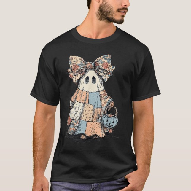 Retro Halloween Blue Denim Patchwork Quilt Ghost S T Shirt (Framsida)