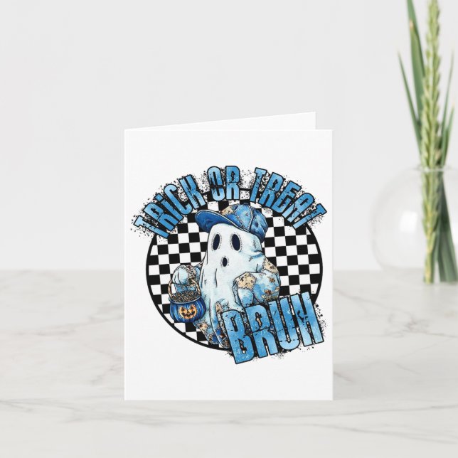 Retro Halloween Blue Denim Patchwork Spooky Ghost Kort (Framsida)