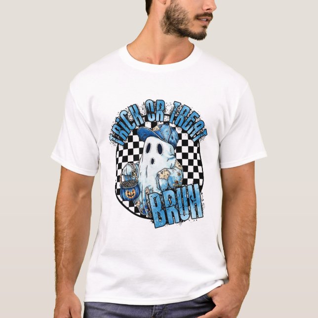 Retro Halloween Blue Denim Patchwork Spooky Ghost T Shirt (Framsida)