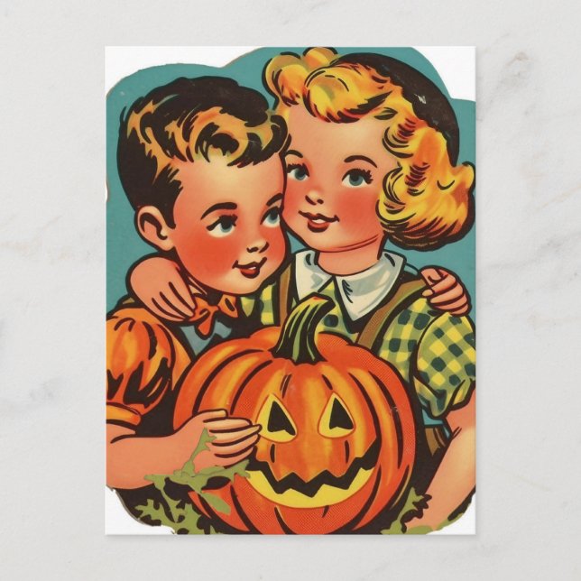 Retro Halloween Boy and Girl med Jack-o-Lantern Vykort (Framsida)