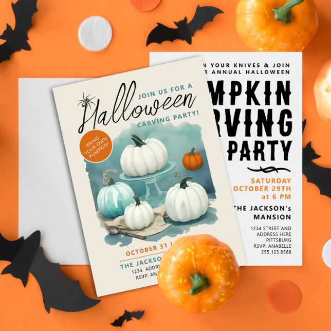 Retro Halloween Carving White Pumpkins Watercolor Inbjudningar (Skapare uppladdad)