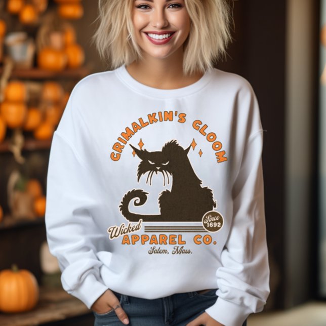 Retro Halloween Cat Grimalkin Orange Black T Shirt (A grumpy cat highlights this funny retro Halloween shirt. Great for cat lovers. This sassy feline hi)