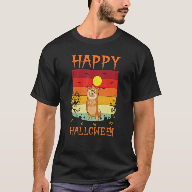 Retro Halloween Costumes Matching Pomeranian Hund  T Shirt (Framsida)