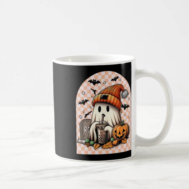 Retro Halloween Cute Ghost Drinking Coffee Pumpkin Kaffemugg (Höger)