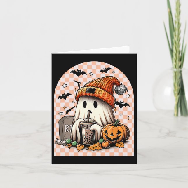 Retro Halloween Cute Ghost Drinking Coffee Pumpkin Kort (Framsida)
