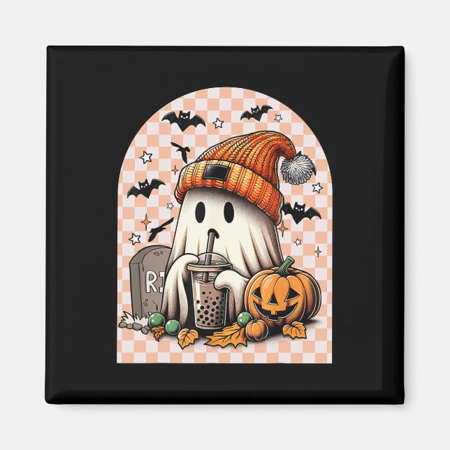 Retro Halloween Cute Ghost Drinking Coffee Pumpkin Magnet (Framsidan)
