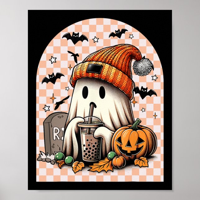 Retro Halloween Cute Ghost Drinking Coffee Pumpkin Poster (Framsidan)