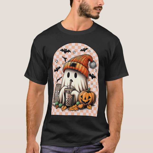 Retro Halloween Cute Ghost Drinking Coffee Pumpkin T Shirt (Framsida)