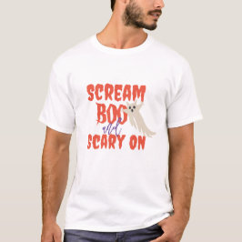 Retro Halloween-etiketttext säger "Boo" och "Scary T Shirt