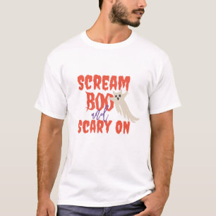 Retro Halloween-etiketttext säger "Boo" och "Scary T Shirt