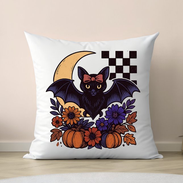 Retro Halloween Fladdermus med Måne gotisk estetis Kudde (This retro Halloween bat design captures spooky charm with a gothic twist.)