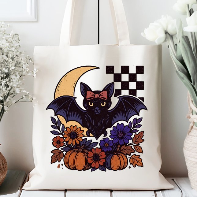 Retro Halloween Fladdermus med Måne gotisk estetis Tygkasse (This retro Halloween bat design captures spooky charm with a gothic twist.)