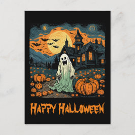 Retro Halloween Ghost Creepy Pumpkin Full Moon Vykort