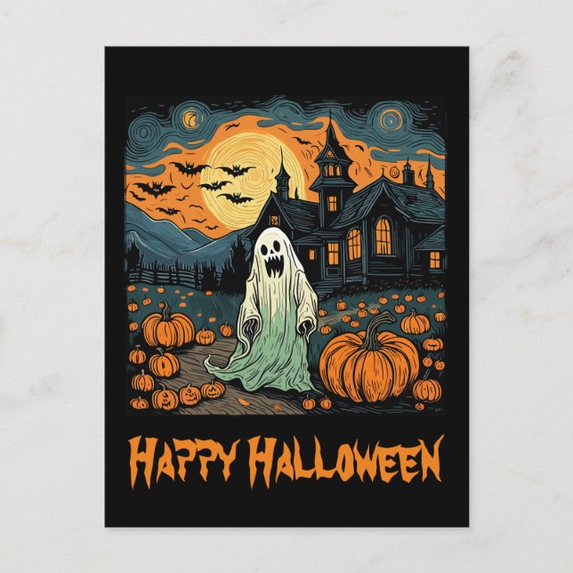 Retro Halloween Ghost Creepy Pumpkin Full Moon Vykort (Framsida)