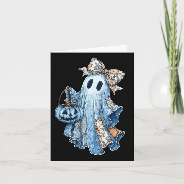 Retro Halloween Ghost Denim Mönster Bow Manar Kvin Kort (Framsida)