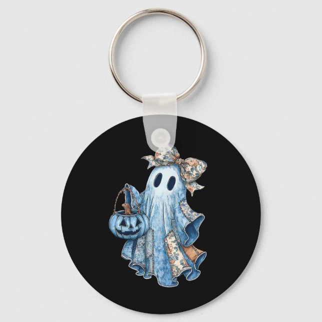 Retro Halloween Ghost Denim Mönster Bow Manar Kvin Nyckelring (Framsida)