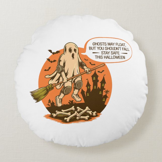 Retro Halloween Ghost Safety - fortsätt Säkert Rund Kudde (Framsidan)