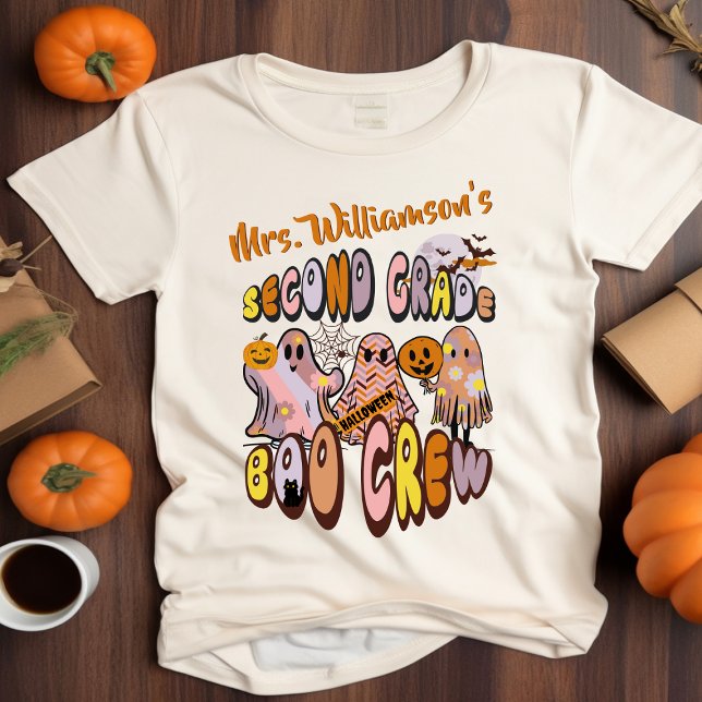 Retro Halloween Ghost Second Klass Teacher Namn T Shirt (Skapare uppladdad)